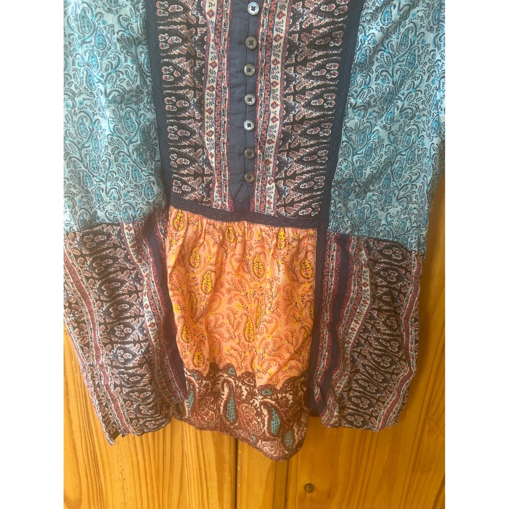 Sundance Patchwork Paisley Cotton Henley Top Blue Orange Boho Cap Sleeve - Picture 6 of 7